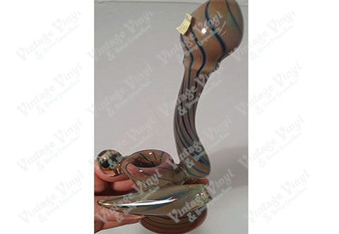 Custom Brown and Striped Blue Sherlock Bubbler w/ Mushroom Marble