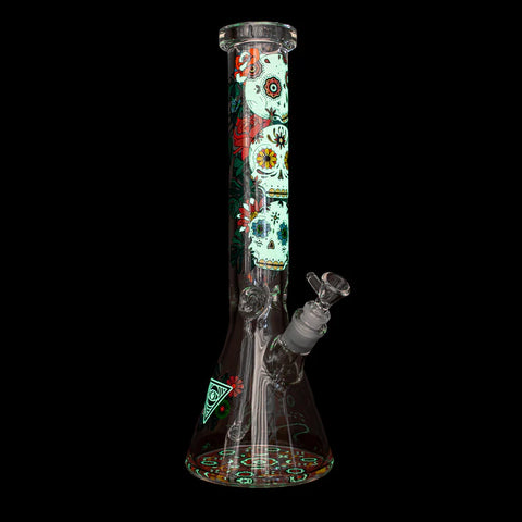 Red Eye Glass 15” Tall 7mm Thick Sugar Skull Glow-in-the-Dark Beaker