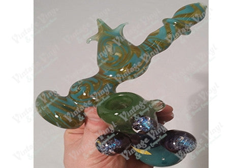 Custom Clear Green and Aqua Swirled Sidecar Bubbler w/ 3 Galaxy Marbles