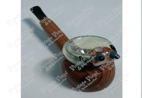 Wood Pipe With Clear Blue Glass Top with Glass Spider