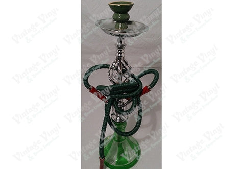 Green And White Striped Double Hose Beaker Hookah With Spiral Base